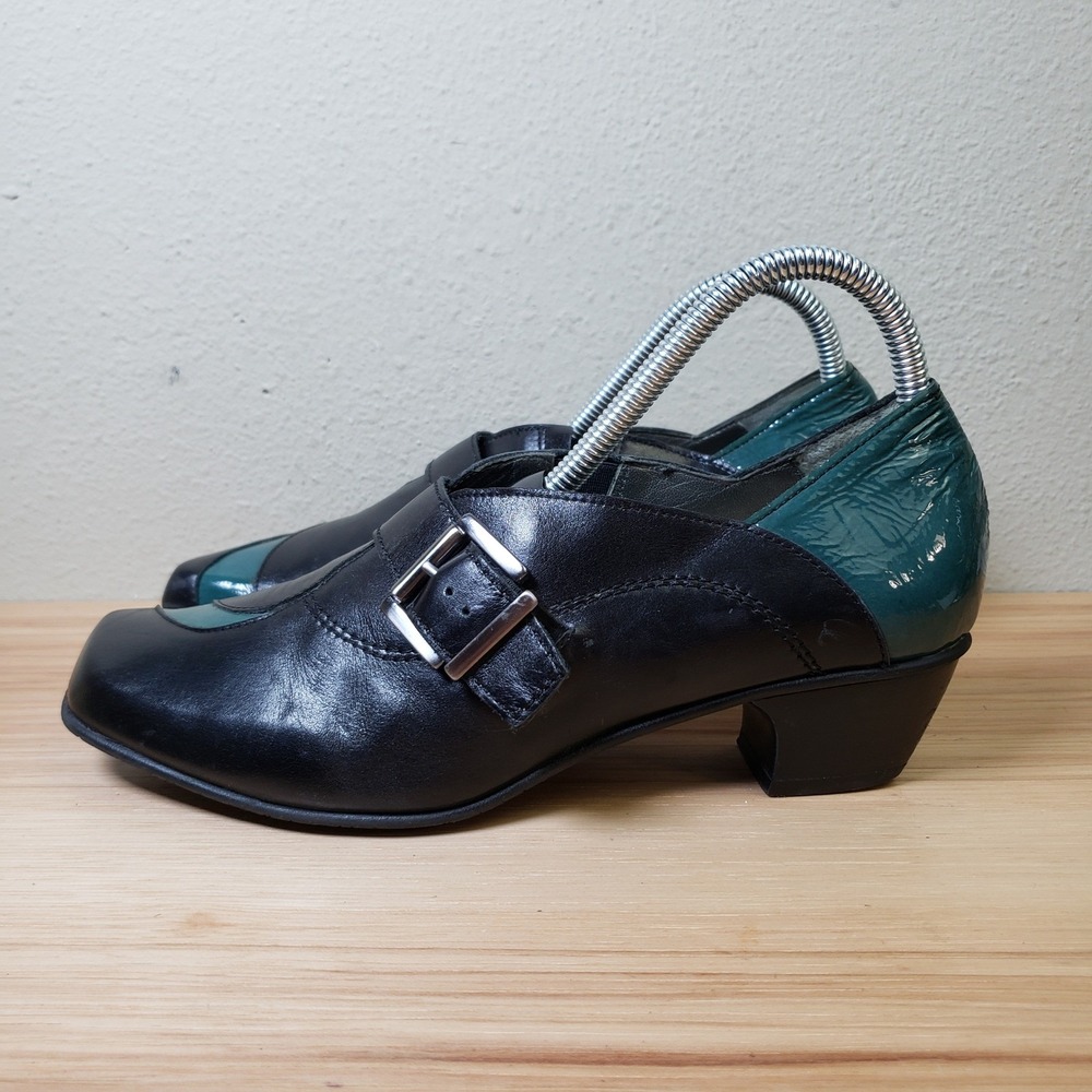 Fidji G 554 Monk Strap Block Heel Shoes Black Green Two Tone Women 8.5 EU 38.5
